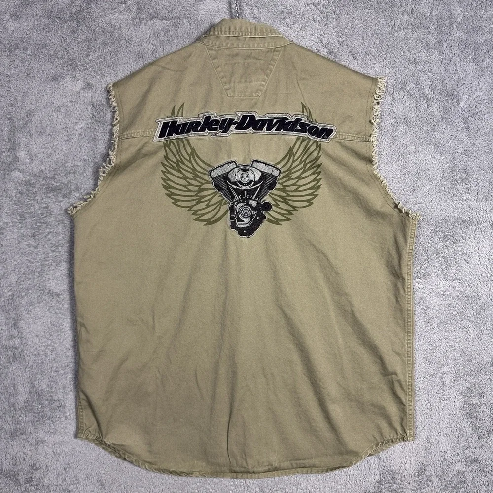 Harley Davidson Vest Men XL Green No Cages Patches Embroidered Cut Off Riding